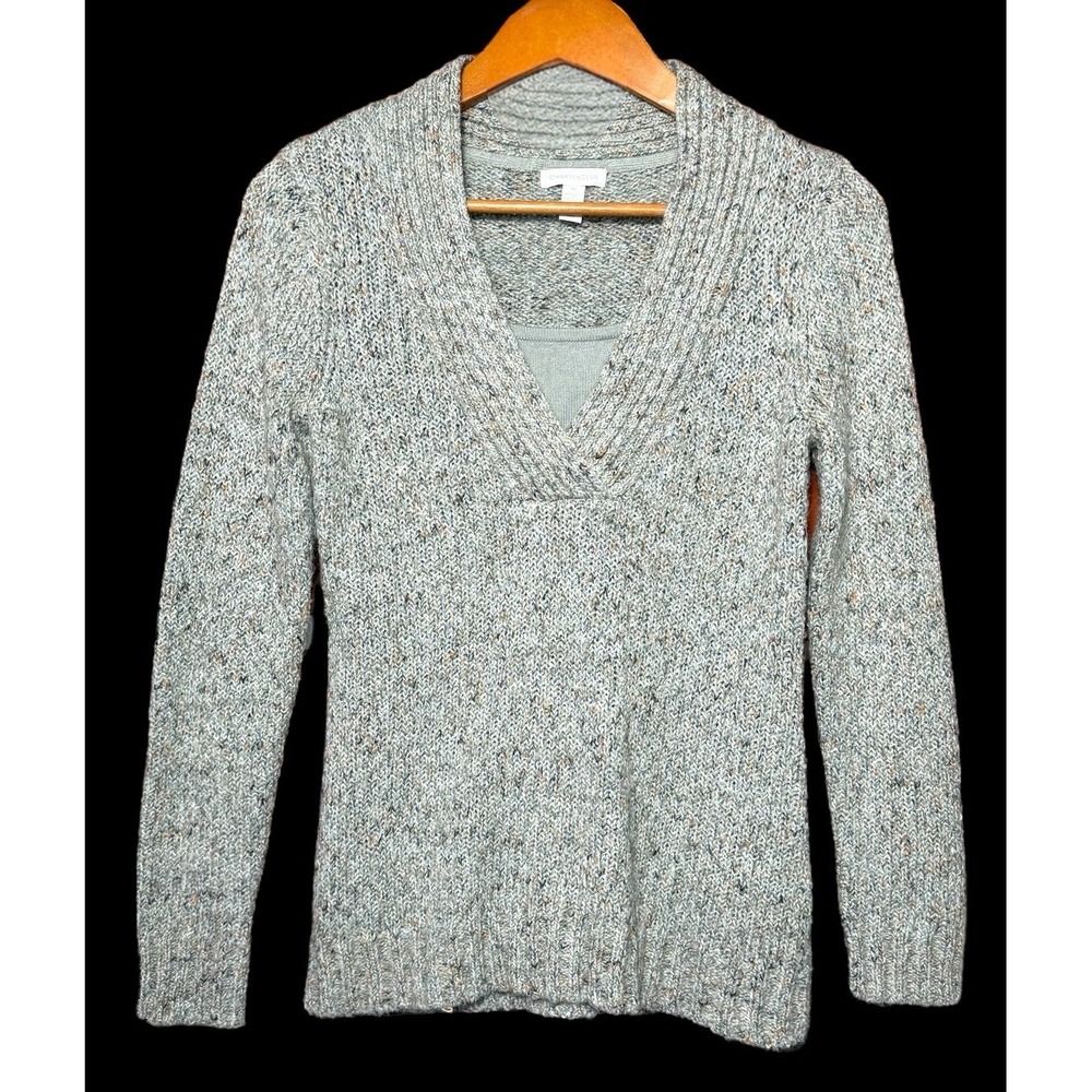 Charter Club Crochet Wool Blend Pullover Grayish Green Sweater V-Neck Sz Medium